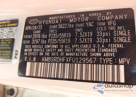 2015 Hyundai Santa Fe Limited from USA, damaged, VIN KM8SRDHFXFU129567